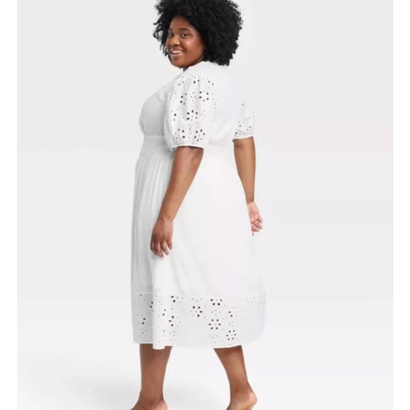 Knox Rose White Midi Dress 4X Button Up V-Neck Eyelet Pockets Short Sleeve NWT - Picture 2 of 12